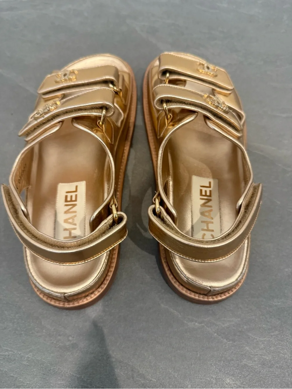 CHANEL Metallic Gold Velcro Logo Sandals